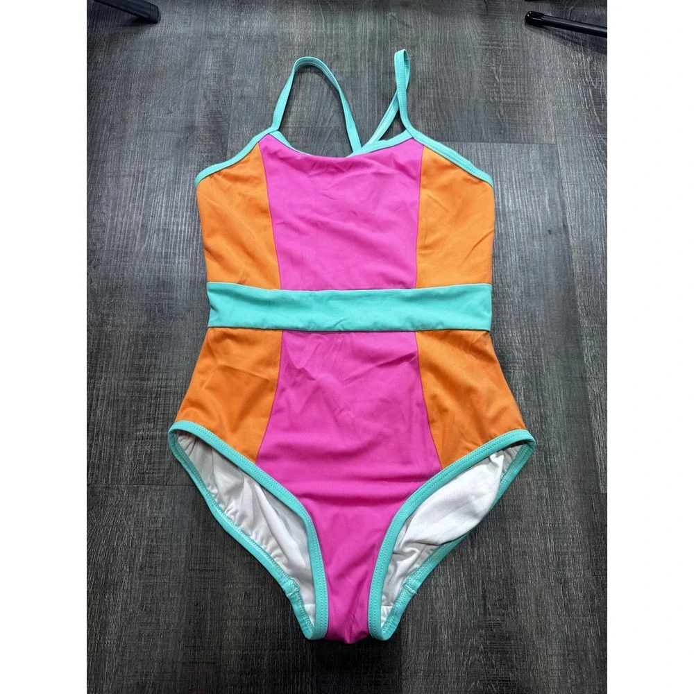 Hanna Andersson Girls One Piece Swimsuit Size 10 140cm Colorblock Pink Orange